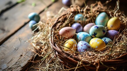 Obraz premium Colorful Easter Eggs in Nest. A bright assortment of colorful, patterned Easter eggs in a nest.