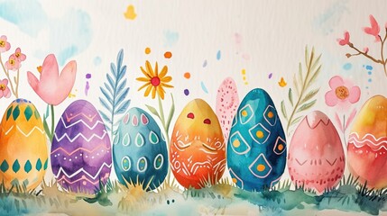 Floral Easter Eggs in Watercolor Garden. Watercolor Easter eggs among a lush backdrop of painted spring flowers. - obrazy, fototapety, plakaty