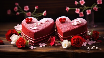 Dual Heart Cakes on Dark Wooden Backdrop for Valentine's - Generative AI