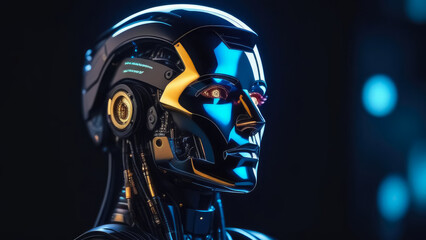 The head of a robot (cyborg) with artificial intelligence. Web banner.