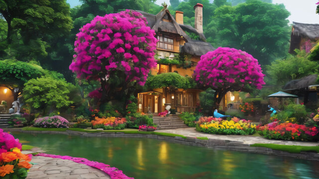 A beutiful house garden ,8k , best qality picture , realistic picture , uhd  , vibrating color   , color flowers  , color ,rain , big statue , gergerous flowers , water fall ,  beautiful birds , house