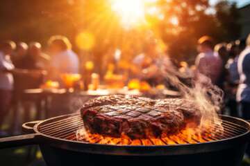 Grilled steak over open flame at sunset backyard barbecue