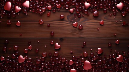 Abundant Red Chocolate Hearts on Dark Wooden Surface - Generative AI
