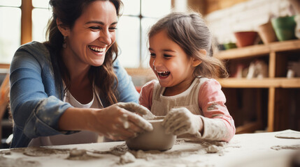 Joyful mother and daughter crafting with clay at pottery workshop