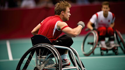 Focused wheelchair tennis player preparing for serve in competition