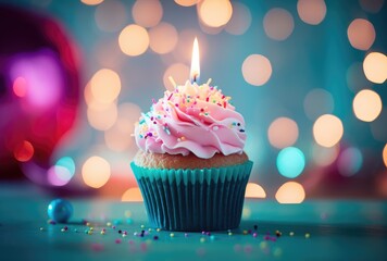 Glowing Birthday Cupcake with Pink Frosting and Sprinkles Generative AI