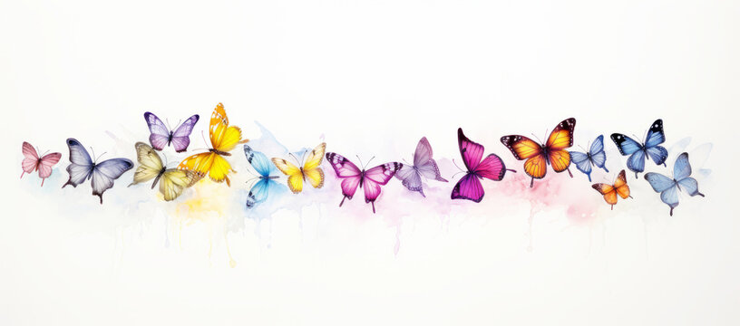 Colorful watercolor butterflies in a row on white background