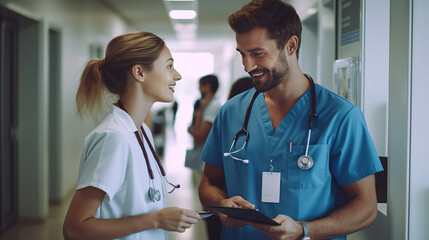 Smiling healthcare professionals discussing patient care in hospital corridor