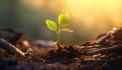 Young plant sprouting in soil against warm sunset light - obrazy, fototapety, plakaty