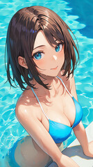 Hand drawn cartoon illustration of beautiful girl wearing swimsuit in summer swimming pool
