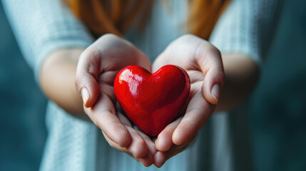 Tender hands cradle a vibrant red heart. Embodying love, warmth, and care. Symbol of affection, connection, and well-being.