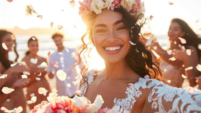Joyful bride at wedding ceremony, surrounded by people joyfully sprinkling colorful flower petals.