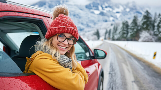 Delighted woman in a car, savoring the beauty of a winter mountain landscape. She embodies the joy of travel and exploration, captivated by the breathtaking views of the mountains.