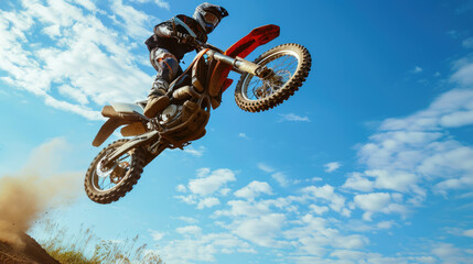 Thrilling motorcycle stunt: an off-road motocross bike soaring through the air during a jump, leaving behind a trail of dirt.