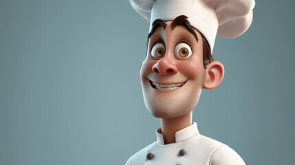 A playful and vibrant 3D headshot illustration of a cartoon man with a chef hat, exuding culinary expertise. He stands out with a stylish platinum shirt, adding a touch of sophistication to