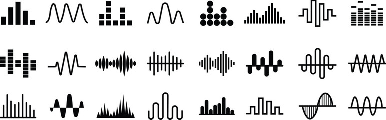 Radio Wave line icon set. Monochrome simple sound wave isolated on transparent background. Equalizer, Audio wave Radio signal, medical, Music, Recording, vector volume level symbol in linear style