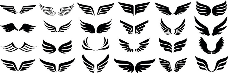 Black wings silhouette vector set, the wings set is ideal for logo, emblem, badge design. Versatile for art, heraldry, animal symbolism. Ranging from simple to intricate feather or scale details - obrazy, fototapety, plakaty