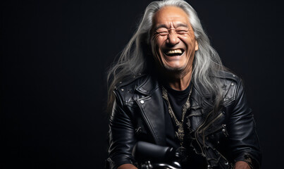 Obraz premium Joyful elderly Native American man with long silver hair laughing heartily, exuding a carefree spirit and timeless style in a classic black leather jacket