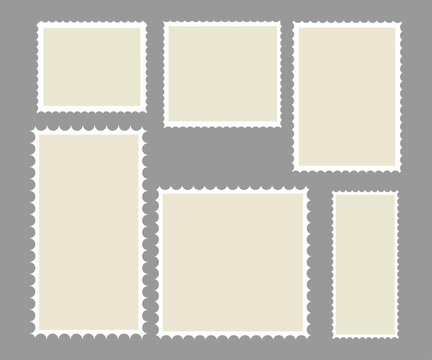 Postage stamp borders set vector Post stamps. Empty stamps set. Postal shapes border. Blank frames for mail letter. Postage perforated templates. Collection paper postmarks isolated on background