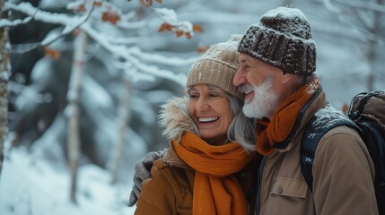 A happily laughing couple of retirees relish the winter forest, with snow falling and trees in the backdrop, Generative AI.
