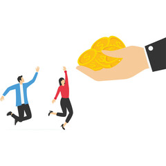 Employee bonus money, giant boss hand giving stack of coins money to happy office workers.

