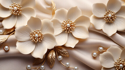 Fototapeta na wymiar 3D wallpaper gold jewelry flowers