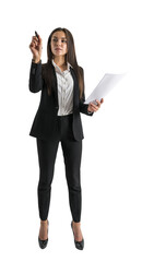 Businesswoman in black suit presenting with pen, professional engagement