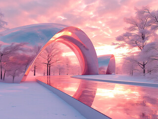 A futuristic, pink concrete structure sits on a snowy surface. The walls are smooth and curved,...