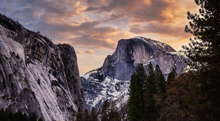 Stunning Winter Sunset Clouds on Half Dome, Yosemite National Park, California