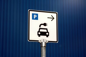  Low angle view of electric vehicle charger parking sign.