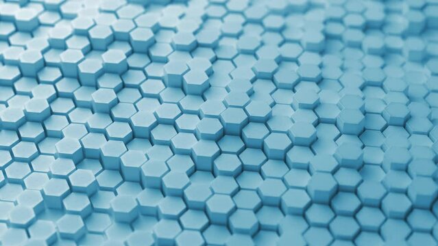 Blue hexagon honeycomb shapes matte surface moving randomly. Bright 3D animation of a seamless loop of hexagon beehive. Template for documents, reports and presentations