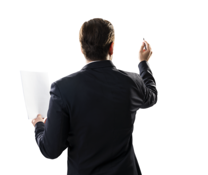 Businessman in dark suit writing in the air with pen, holding document, isolated on white. Professional concept - Powered by Adobe