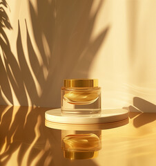 Luxury skincare cream jars with gold lids on a round platform with tropical shadow play. Studio product mockup with warm tones and copy space for design and advertisement. Close-up view.