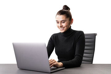 Smiling businesswoman at desk with laptop, enjoying productive work session