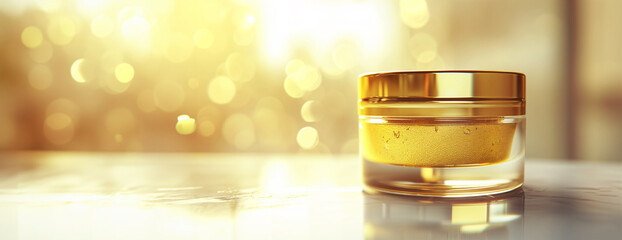 Luxury face cream jar on a golden sparkling background. High-end skincare and beauty concept. Design for cosmetic advertisement, beauty product promotion. Banner with bokeh lights and copy space.