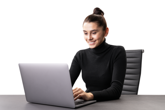 Smiling businesswoman at desk with laptop, enjoying productive work session