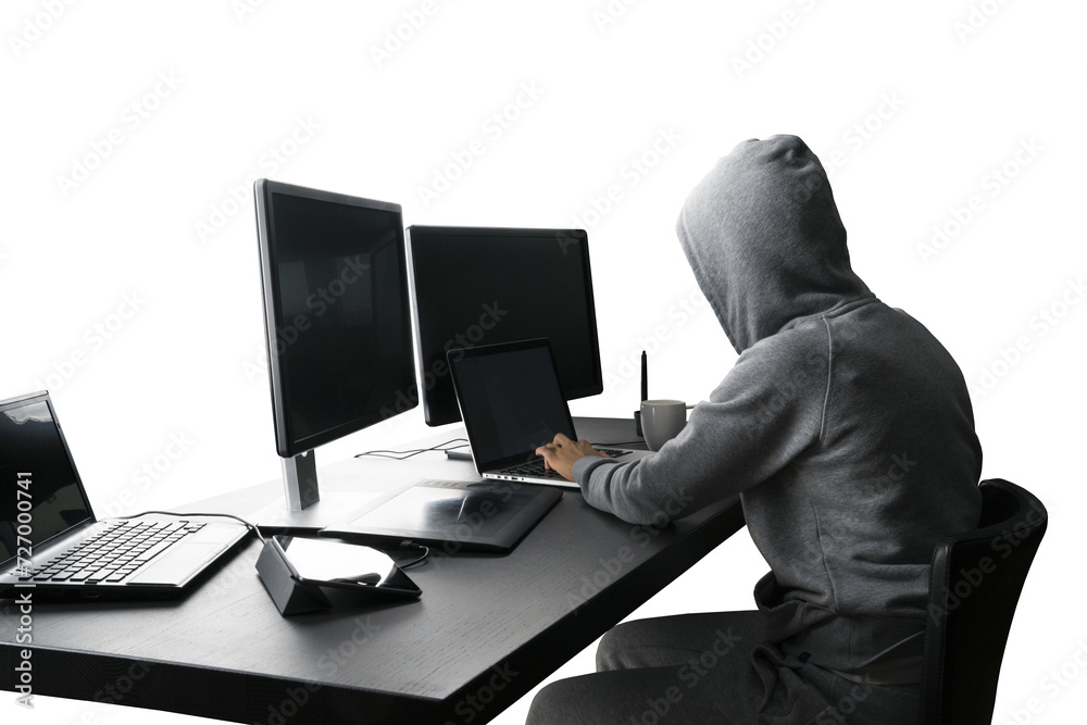Poster incognito person with hoodie using multiple screens, concept of digital privacy
