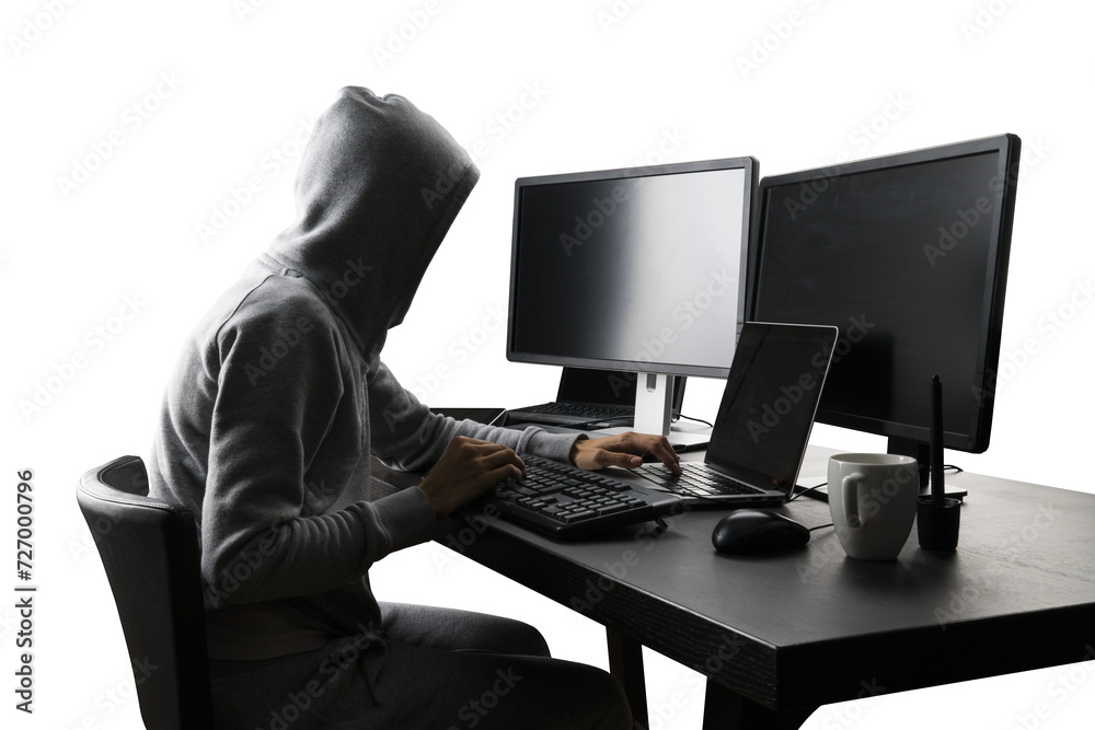 Aufkleber Hooded figure operating computer, dark theme suggesting cybersecurity or hacking activity