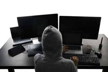 Mysterious individual in hoodie multitasking on various digital devices, online security theme