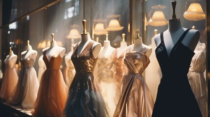 A stunning showcase of designer gowns bathed in warm light, reflecting elegance and sophistication for high-fashion branding, event attire, or luxury retail marketing.