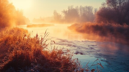 Fantastic foggy river with fresh grass in the sunlight. Dramatic unusual scene. Warm sundown on Dnister. Ukraine, Europe. Beauty world. Retro and vintage style, soft filter. Instagram toning effect.
