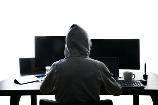 Back view of a person in a hoodie working with multiple monitors, cybersecurity concept