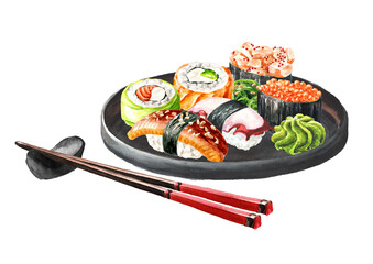 Japanese Sushi with chopsticks.  Hand drawn watercolor illustration isolated on white background