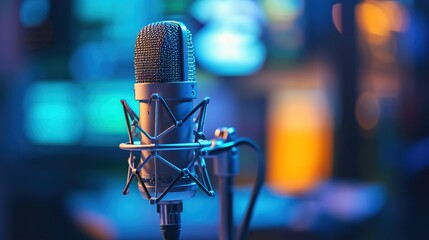 Microphone captures the refined essence of audio recording, set against a blurred background of cool tones, suitable for professional studio setups, music production, or high-fidelity audio branding.