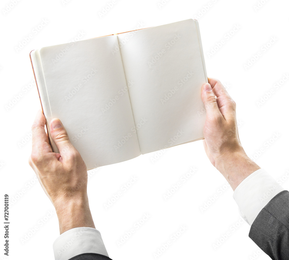 Poster professional holding a notepad open to blank pages, symbolizing potential and opportunity