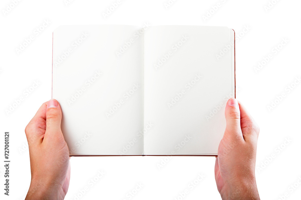 Leinwandbilder open notepad in hands with empty pages against a white background, space for text