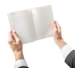 Professional holding a notepad open to blank pages, symbolizing potential and opportunity