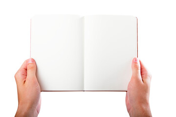 Open notepad in hands with empty pages against a white background, space for text - obrazy, fototapety, plakaty