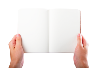 Open notepad in hands with empty pages against a white background, space for text