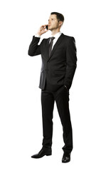 Full length portrait of a businessman talking on the phone, professional and focused